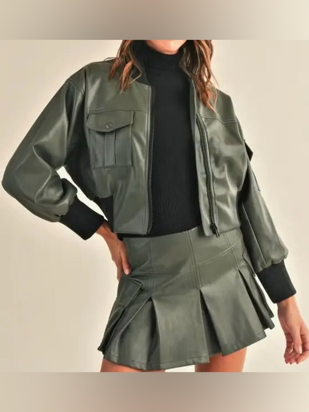 RESET by Jane Viola Faux Leather Bomber Jacket Dark Olive Large